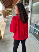Somebody Tell Me Red V - Neck Top with Animal Print Piping - A'Bekah's Boutique