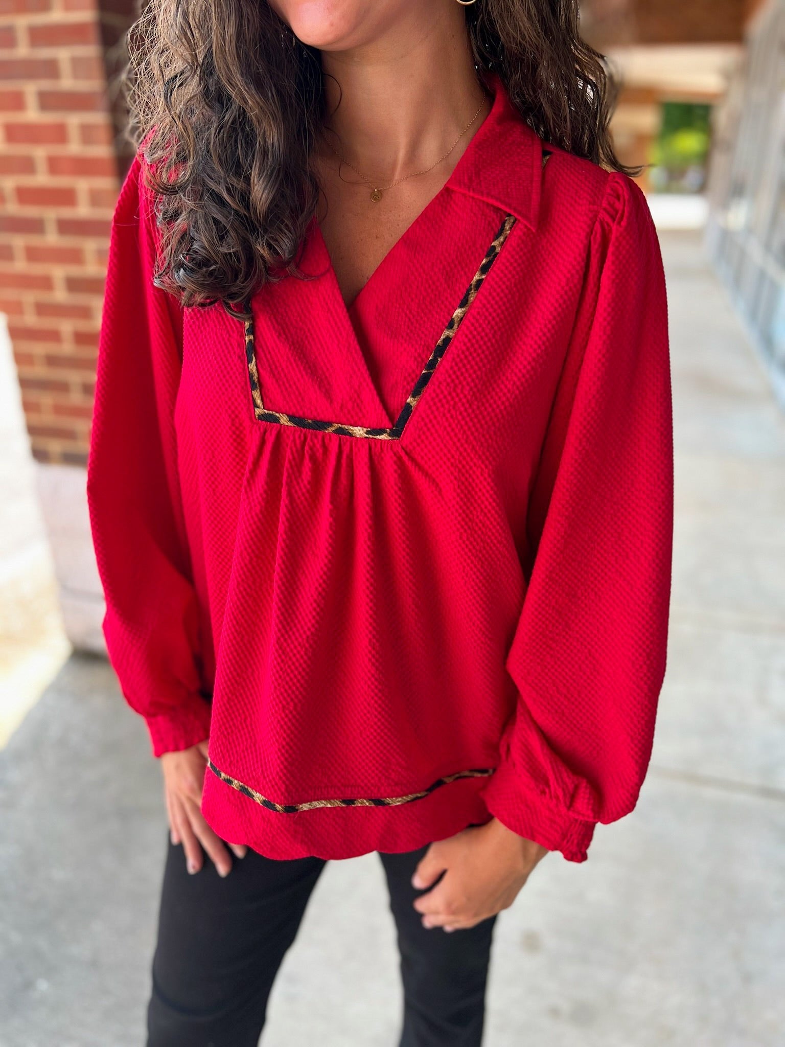 Somebody Tell Me Red V - Neck Top with Animal Print Piping - A'Bekah's Boutique