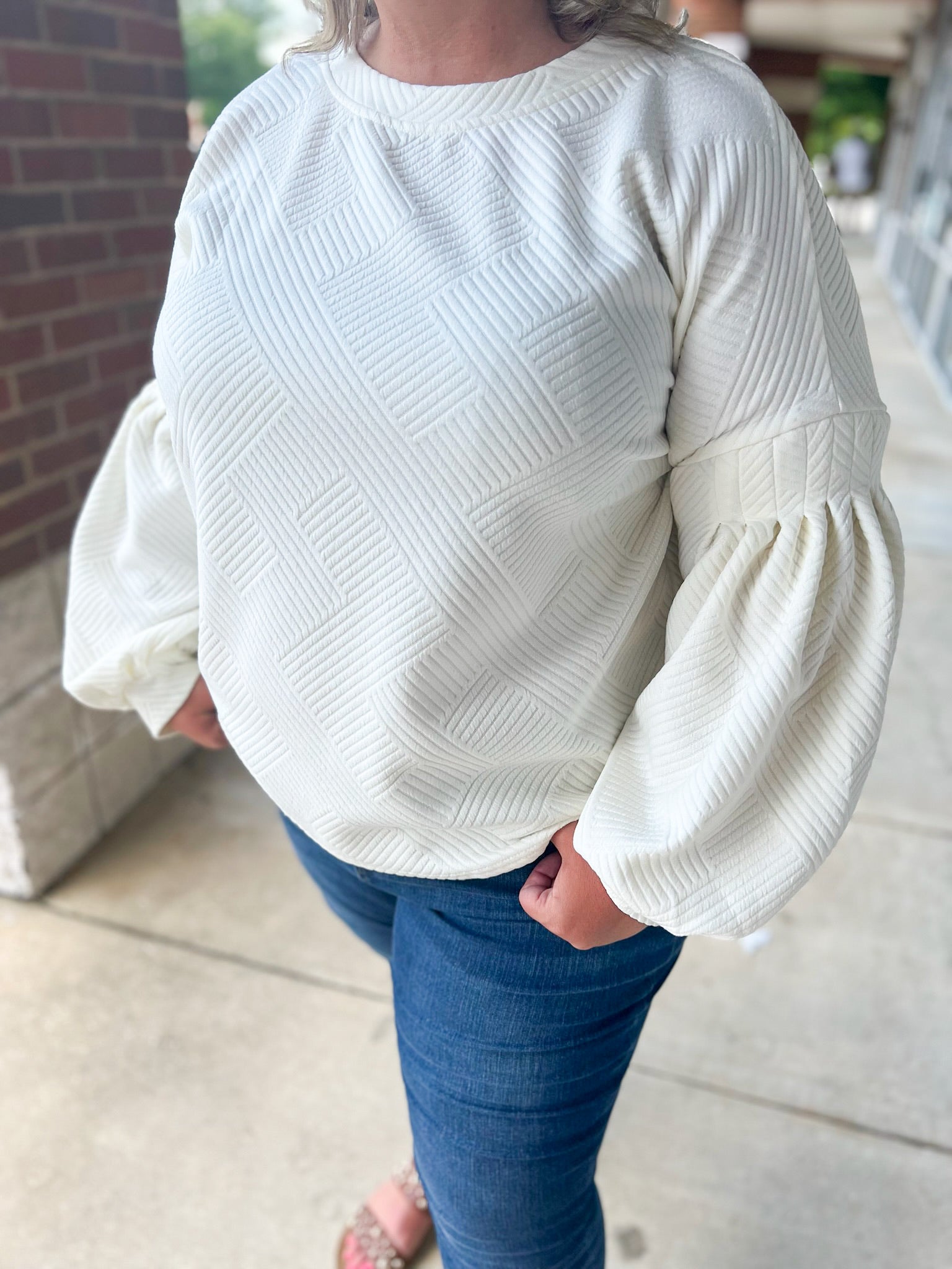 Soul Mate Cream Textured Top with Long Bubble Sleeves (C) - A'Bekah's Boutique
