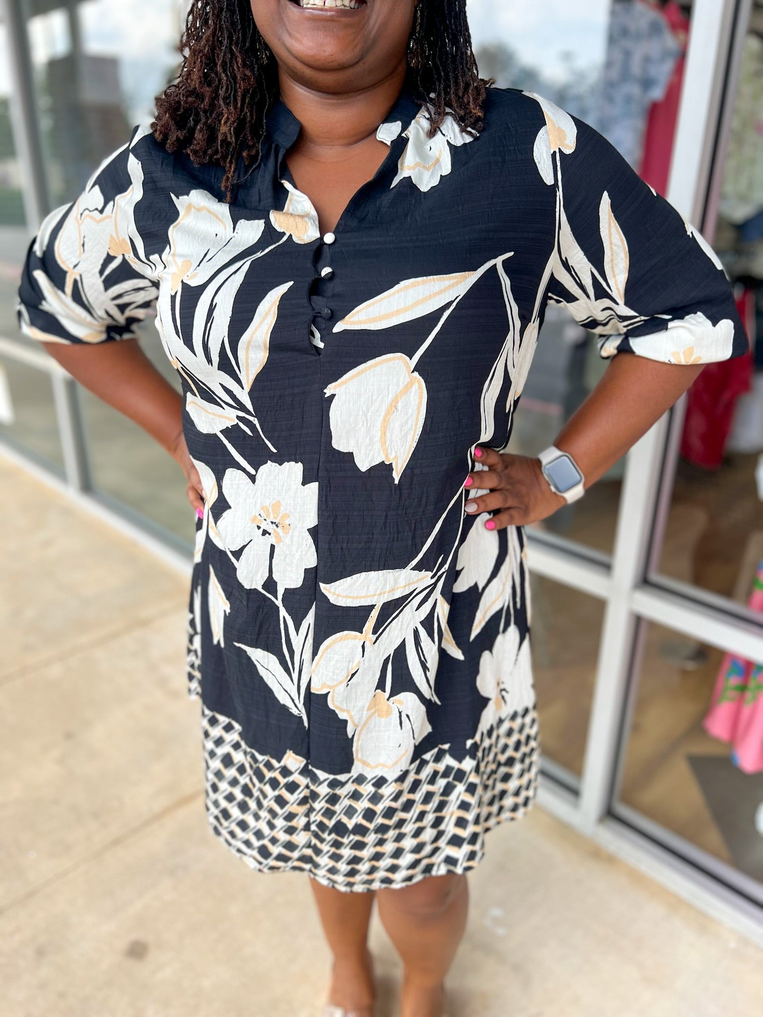 Speak True Black Floral Dress with Self Tie Waist (C) - A'Bekah's Boutique