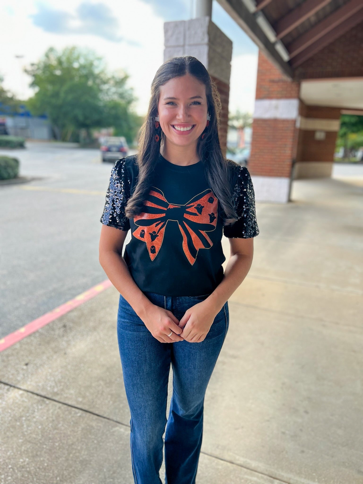 Spooky Season Black Halloween Top with Orange Graphic Bow and Sequin Puff Sleeves - A'Bekah's Boutique