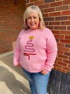 Spread Joy Pink Christmas Sweater with Tinsel Tree (C) - A'Bekah's Boutique