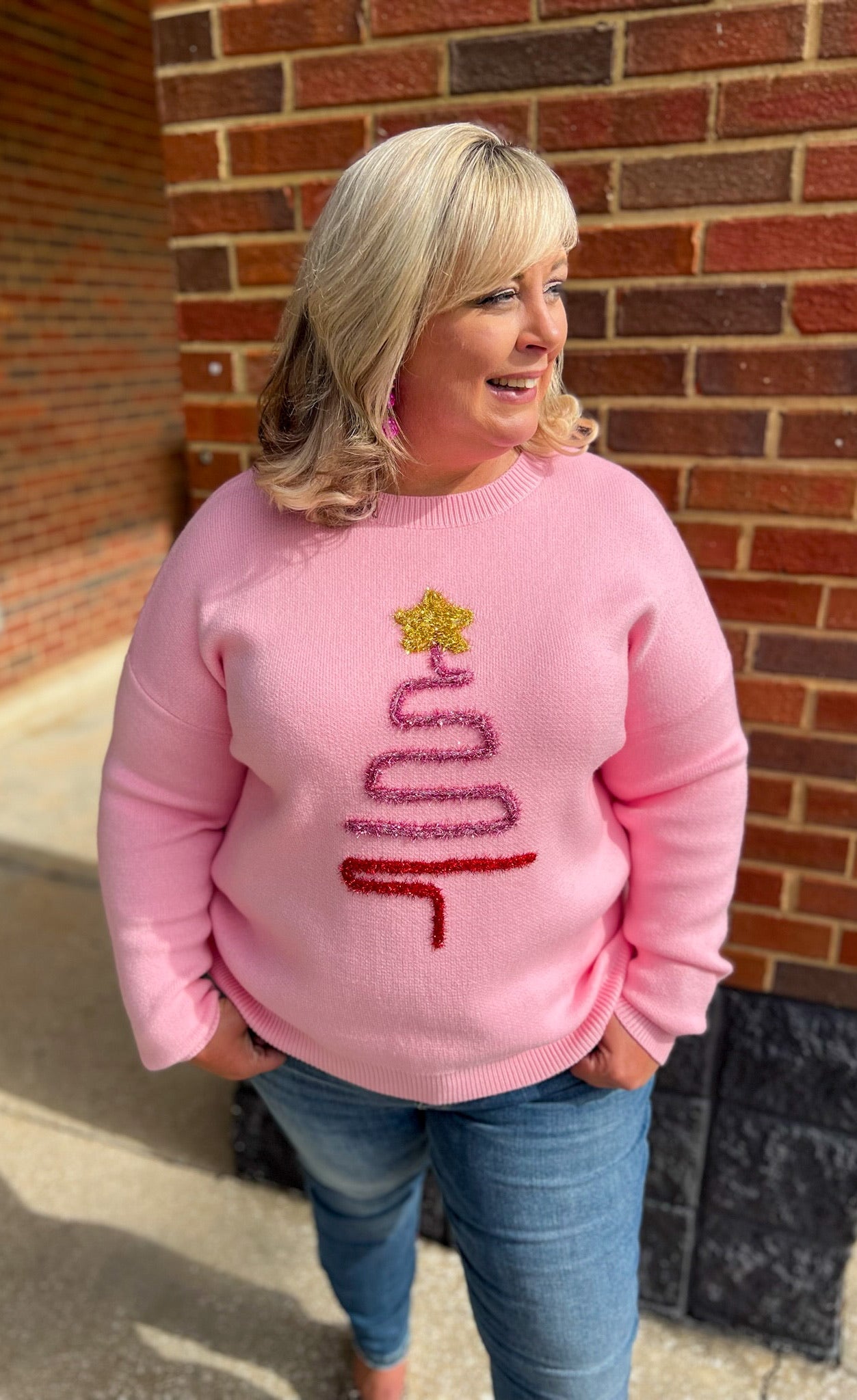 Spread Joy Pink Christmas Sweater with Tinsel Tree (C) - A'Bekah's Boutique