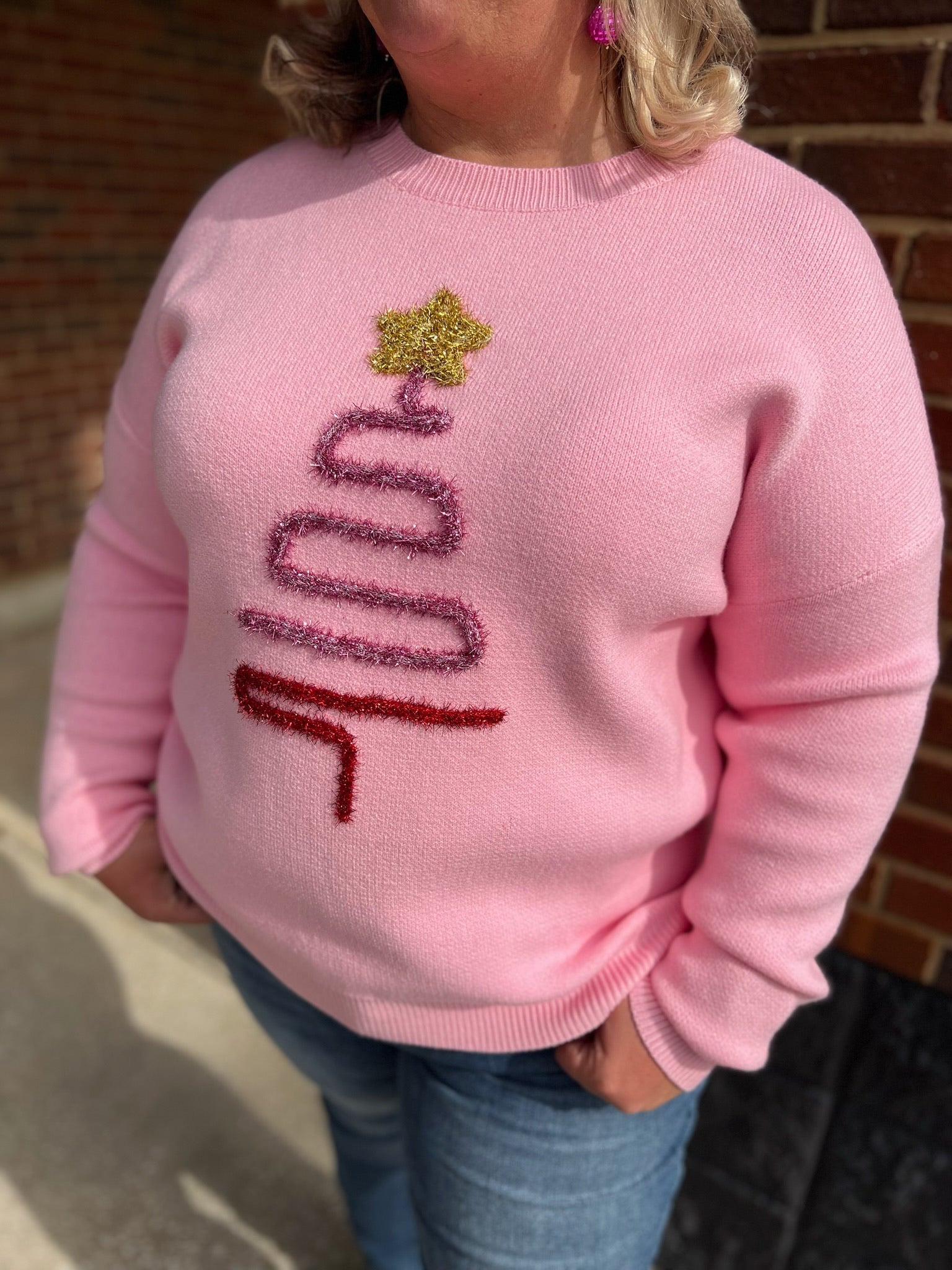Spread Joy Pink Christmas Sweater with Tinsel Tree (C) - A'Bekah's Boutique
