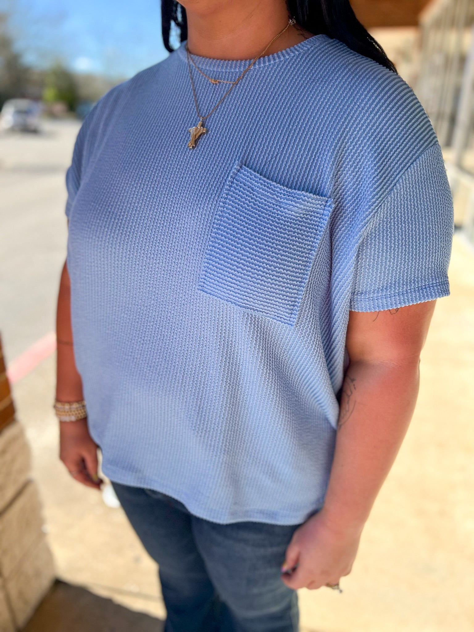 Spring Blue Ribbed Short Sleeve Top with Chest Pocket (C) - A'Bekah's Boutique