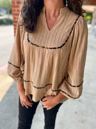 Still Into You Taupe Textured Top with Animal Print Contrast Piping (R) - A'Bekah's Boutique