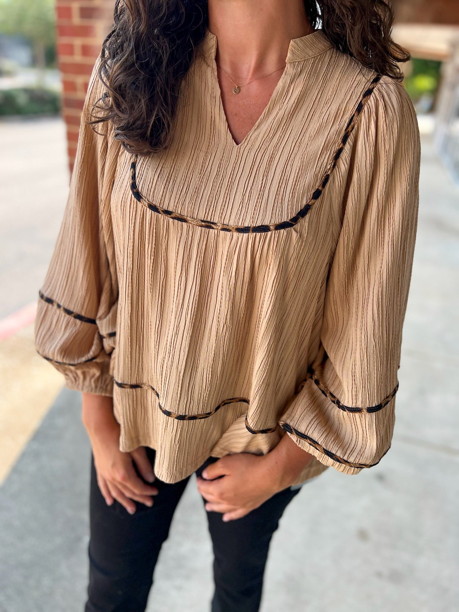 Still Into You Taupe Textured Top with Animal Print Contrast Piping (R) - A'Bekah's Boutique