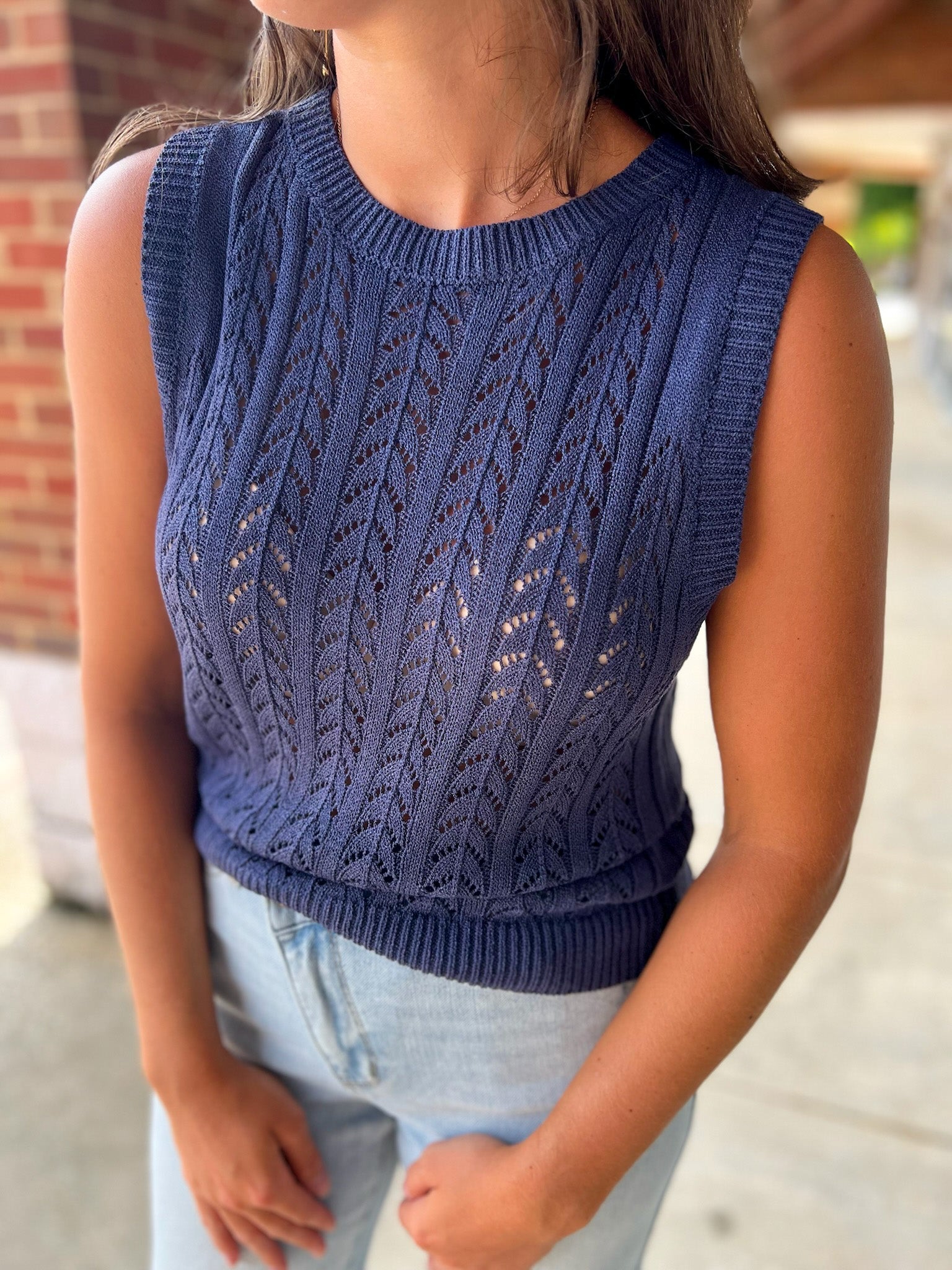 Stronger Than Ever Navy Pointelle Sleeveless Sweater Vest - A'Bekah's Boutique