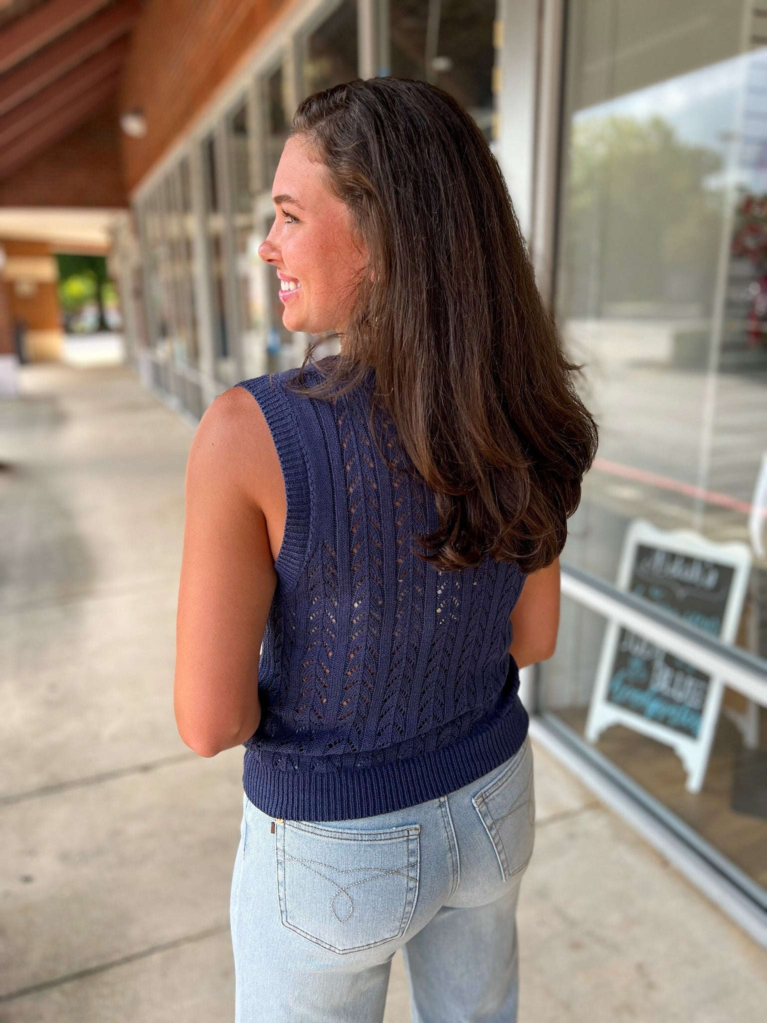 Stronger Than Ever Navy Pointelle Sleeveless Sweater Vest - A'Bekah's Boutique
