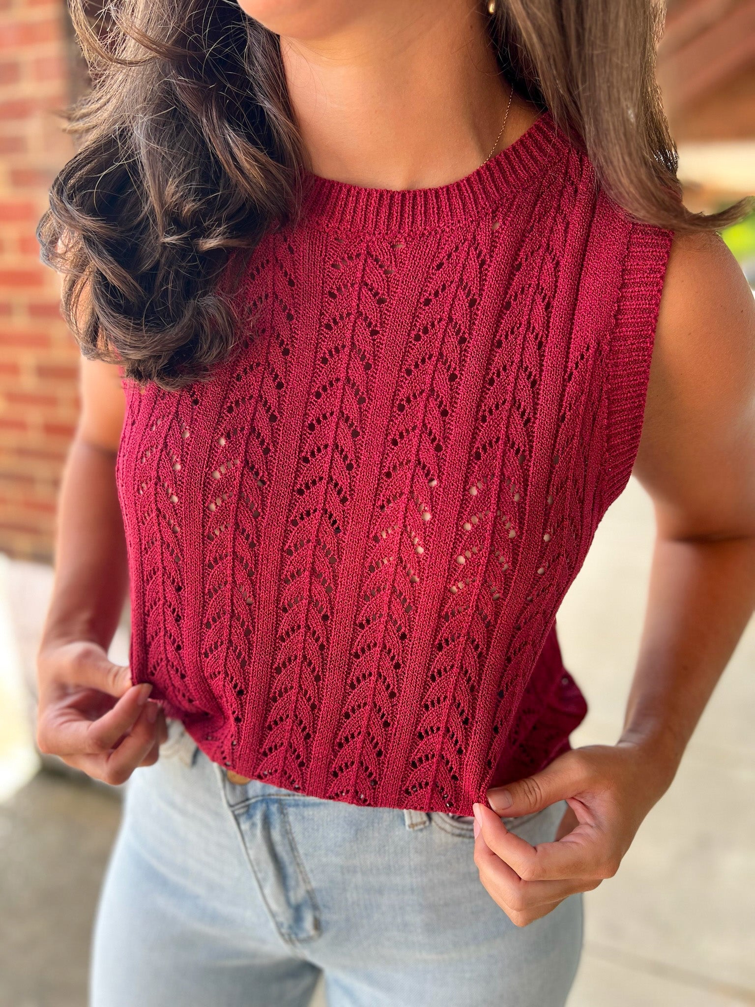Stronger Than Ever Red Pointelle Sleeveless Sweater Vest - A'Bekah's Boutique