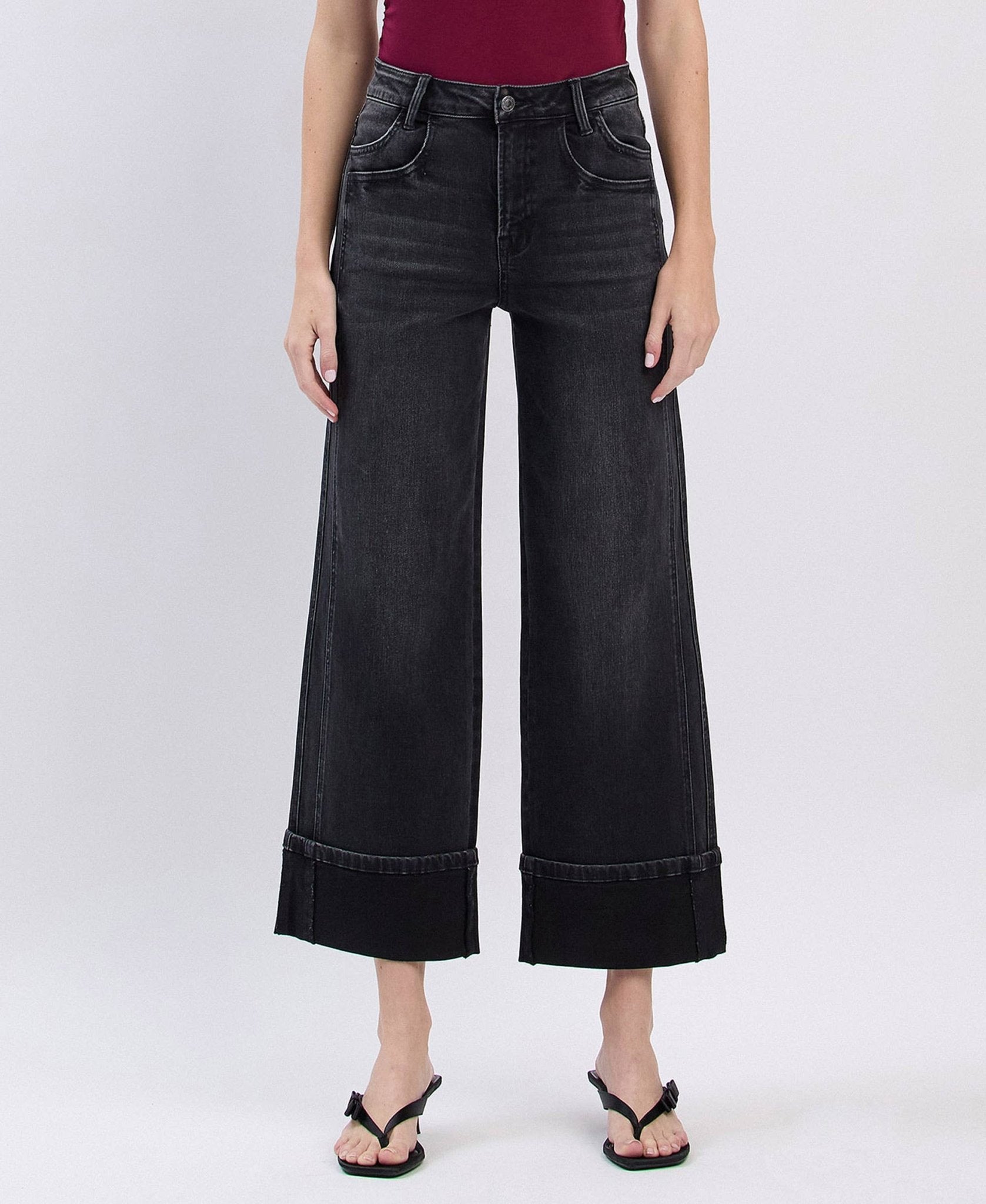 SUPER HIGH RISE CUFFED BAGGY WIDE JEANS - A'Bekah's Boutique