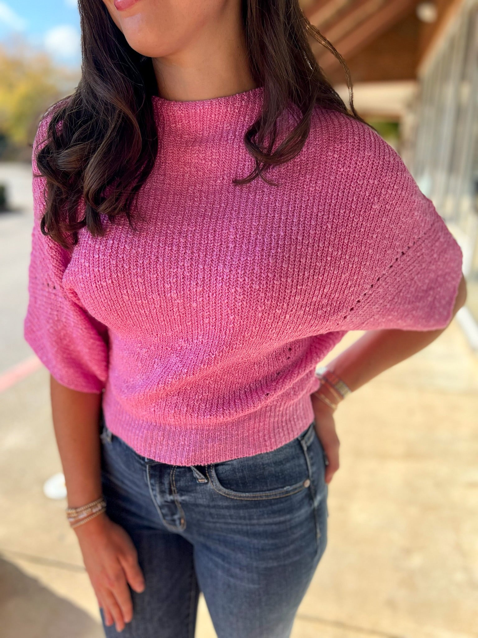 Sweet Pink Cropped Half Dolman Sleeve Sweater - A'Bekah's Boutique