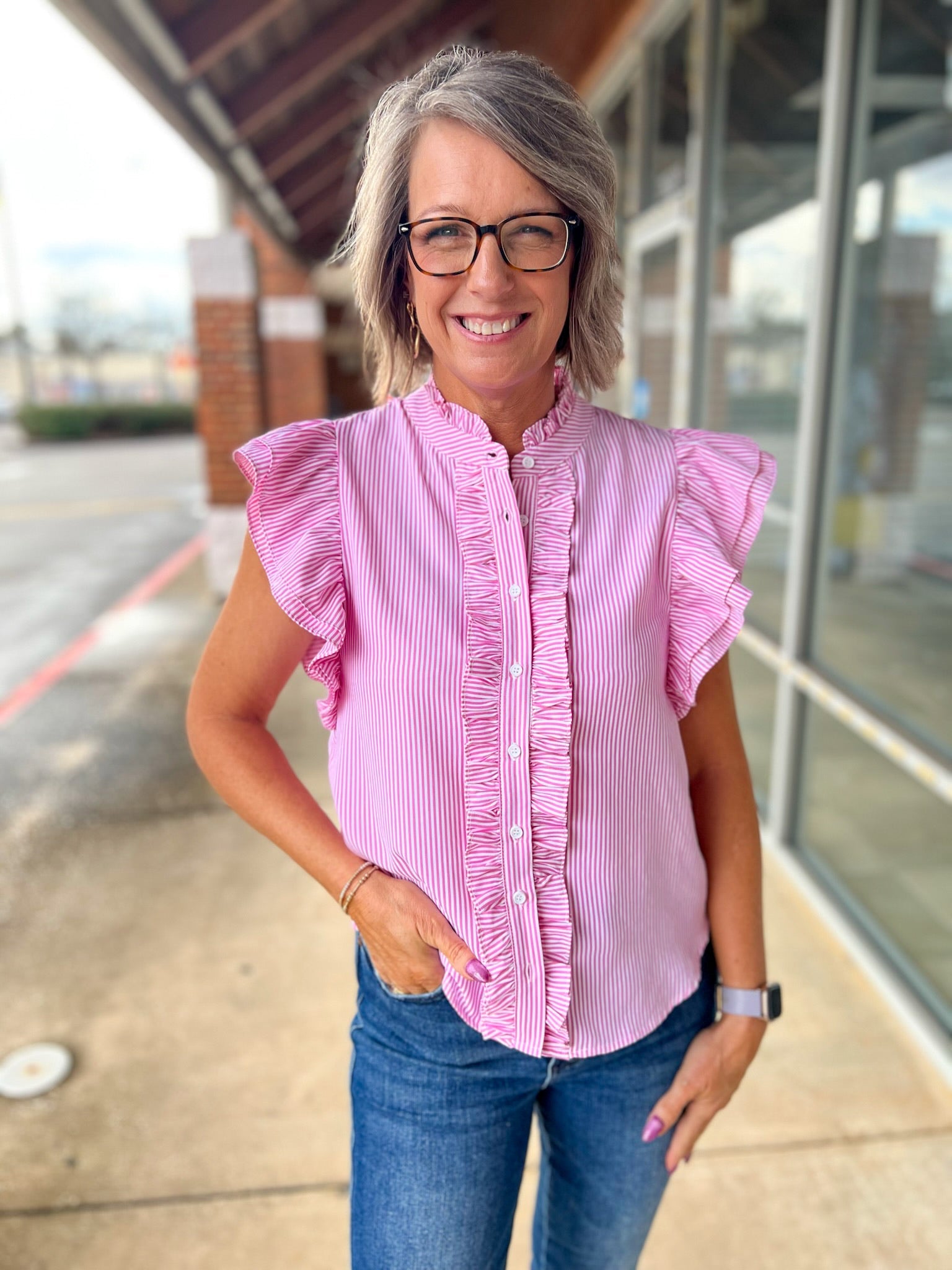 Sweet Pink Striped Button Up Top with Ruffle Details - A'Bekah's Boutique
