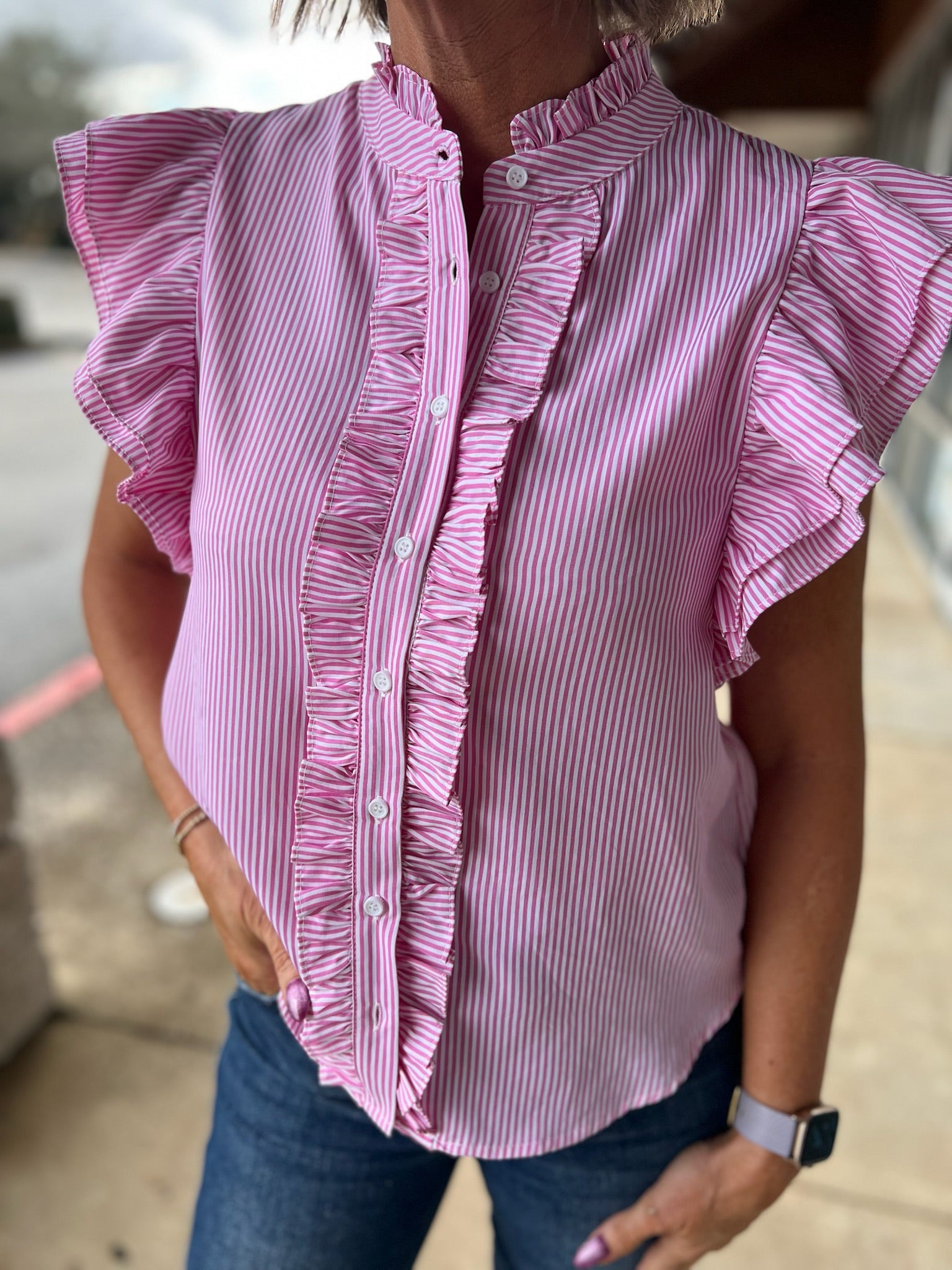 Sweet Pink Striped Button Up Top with Ruffle Details - A'Bekah's Boutique