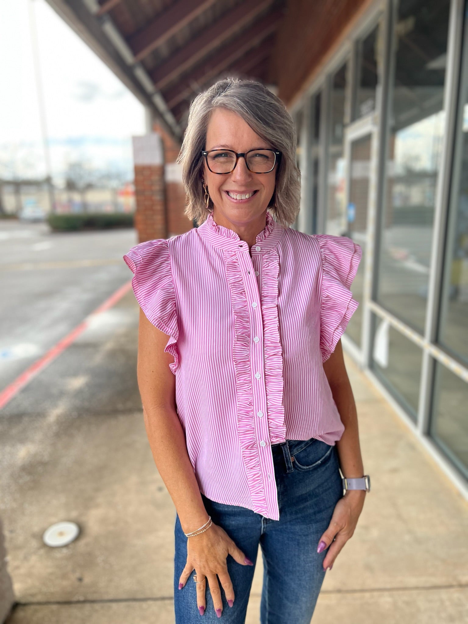 Sweet Pink Striped Button Up Top with Ruffle Details - A'Bekah's Boutique