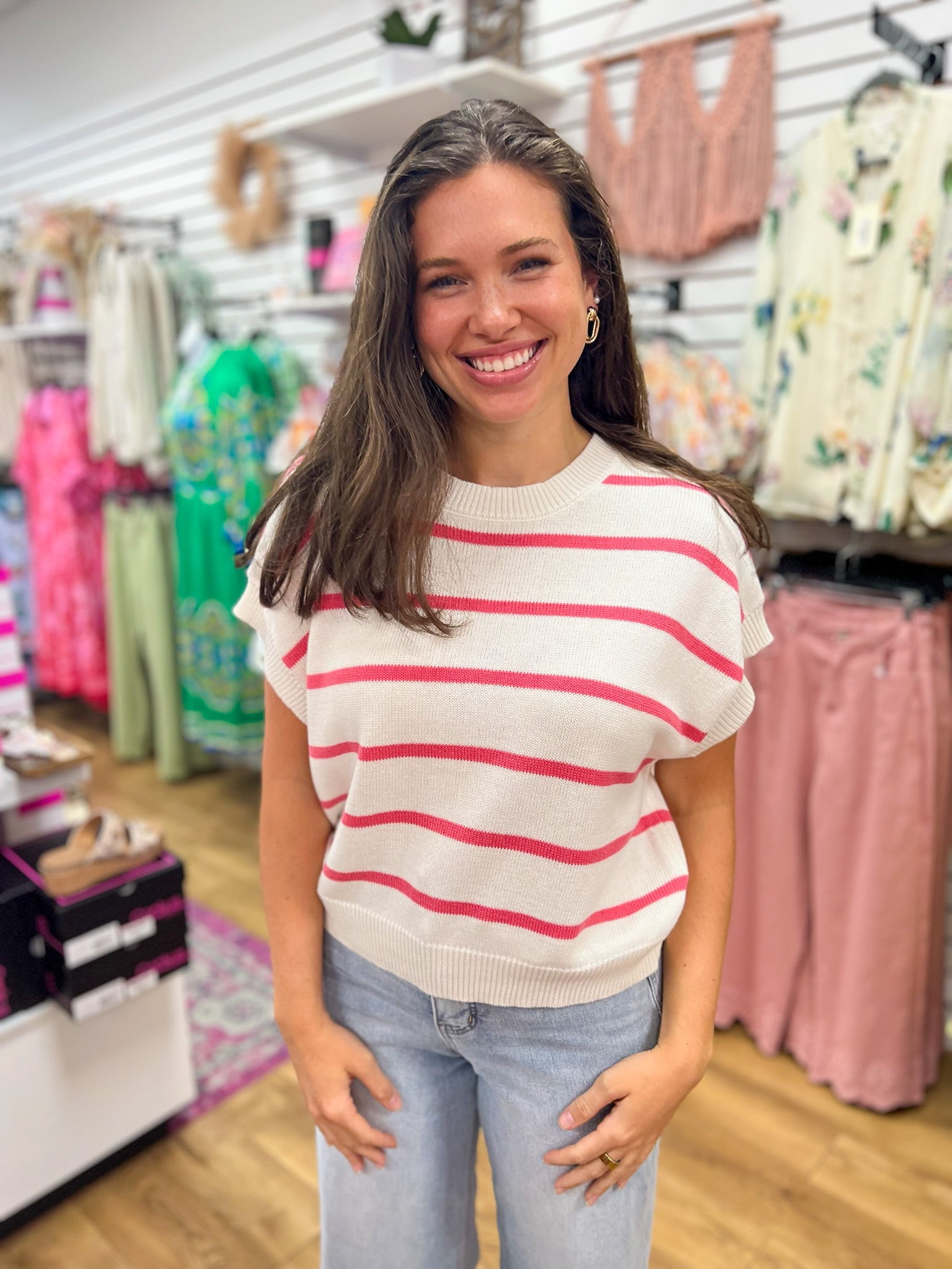 Taffy Pink Striped Knit Top with Cap Dolman Sleeves - A'Bekah's Boutique