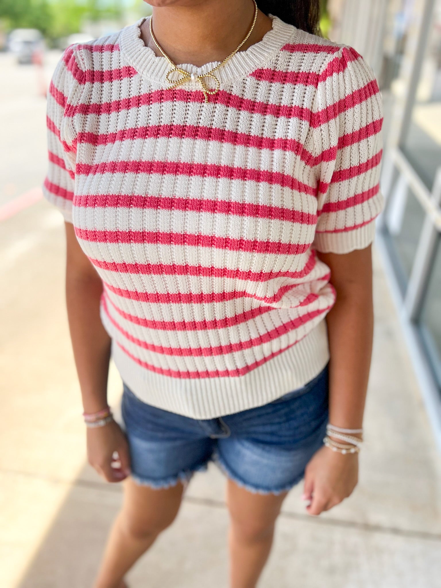 Taffy Pink Striped Knit Top with Scalloped Edges - A'Bekah's Boutique