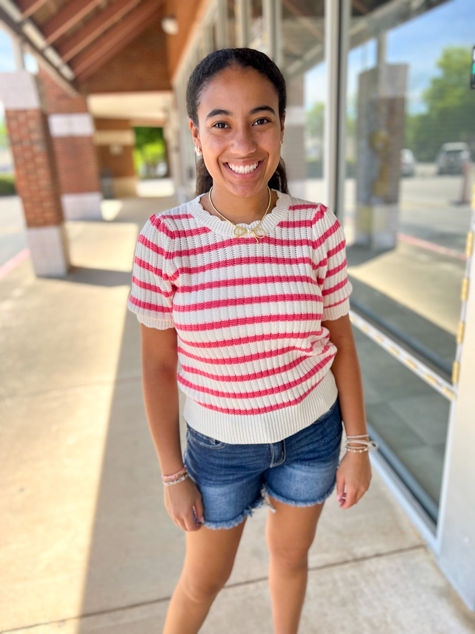 Taffy Pink Striped Knit Top with Scalloped Edges - A'Bekah's Boutique