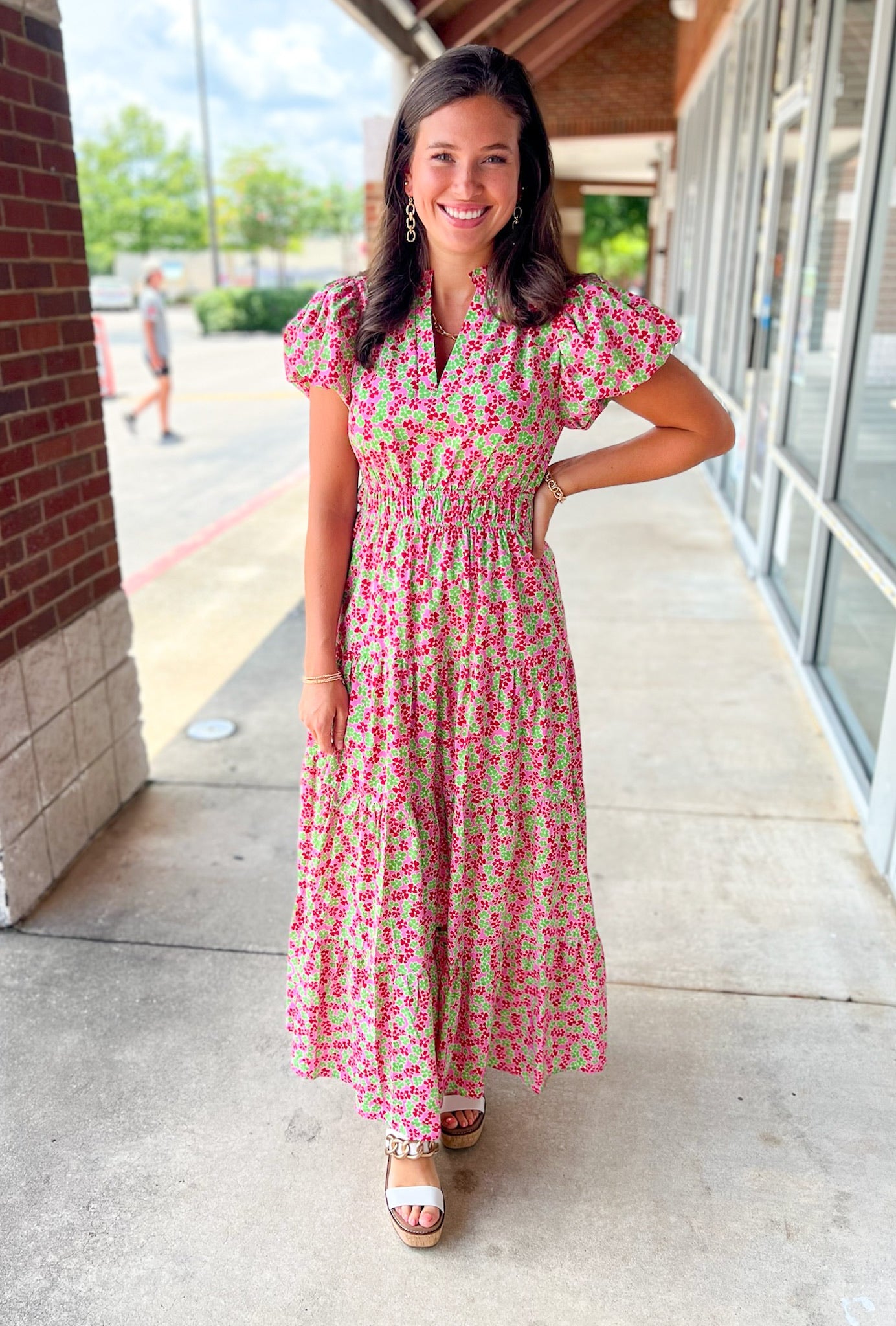 Take A Breath Pink Floral Tiered Midi Dress with Smocked Waist (R) - A'Bekah's Boutique