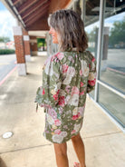Take It Olive Green Floral Dress with Bow Detail on Sleeves - A'Bekah's Boutique