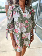 Take It Olive Green Floral Dress with Bow Detail on Sleeves - A'Bekah's Boutique