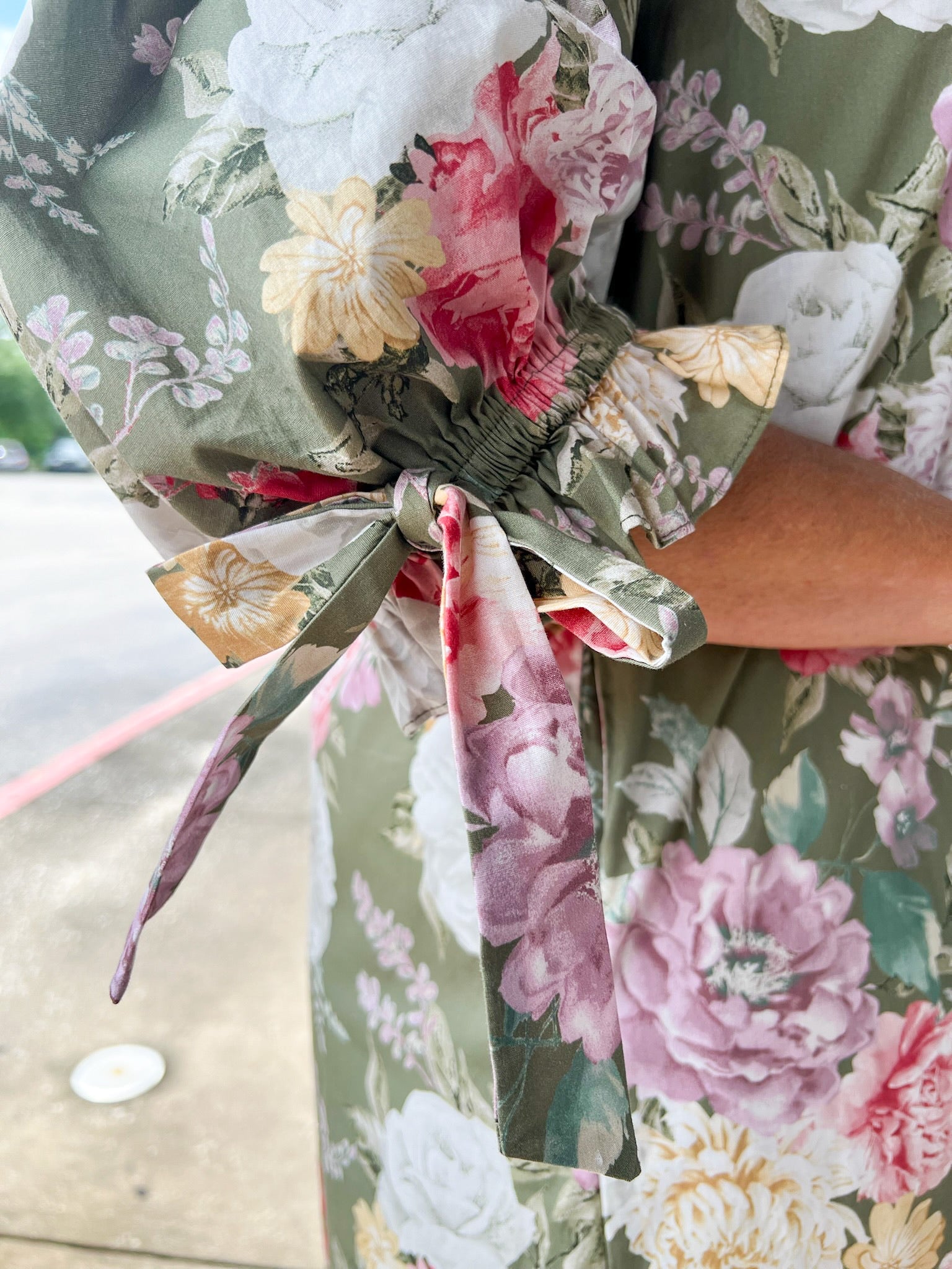 Take It Olive Green Floral Dress with Bow Detail on Sleeves - A'Bekah's Boutique