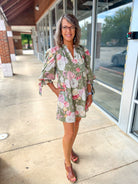 Take It Olive Green Floral Dress with Bow Detail on Sleeves - A'Bekah's Boutique