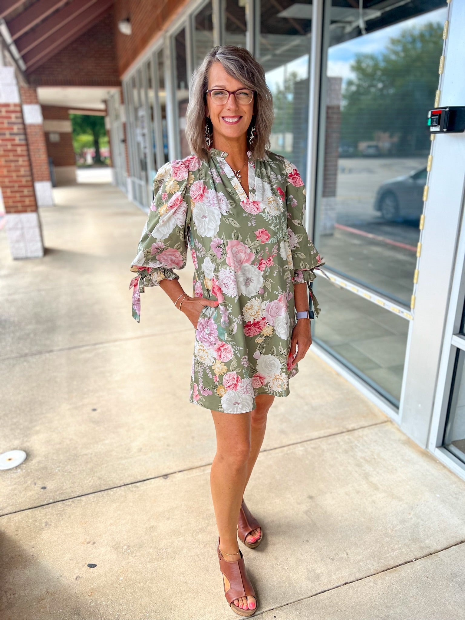 Take It Olive Green Floral Dress with Bow Detail on Sleeves - A'Bekah's Boutique