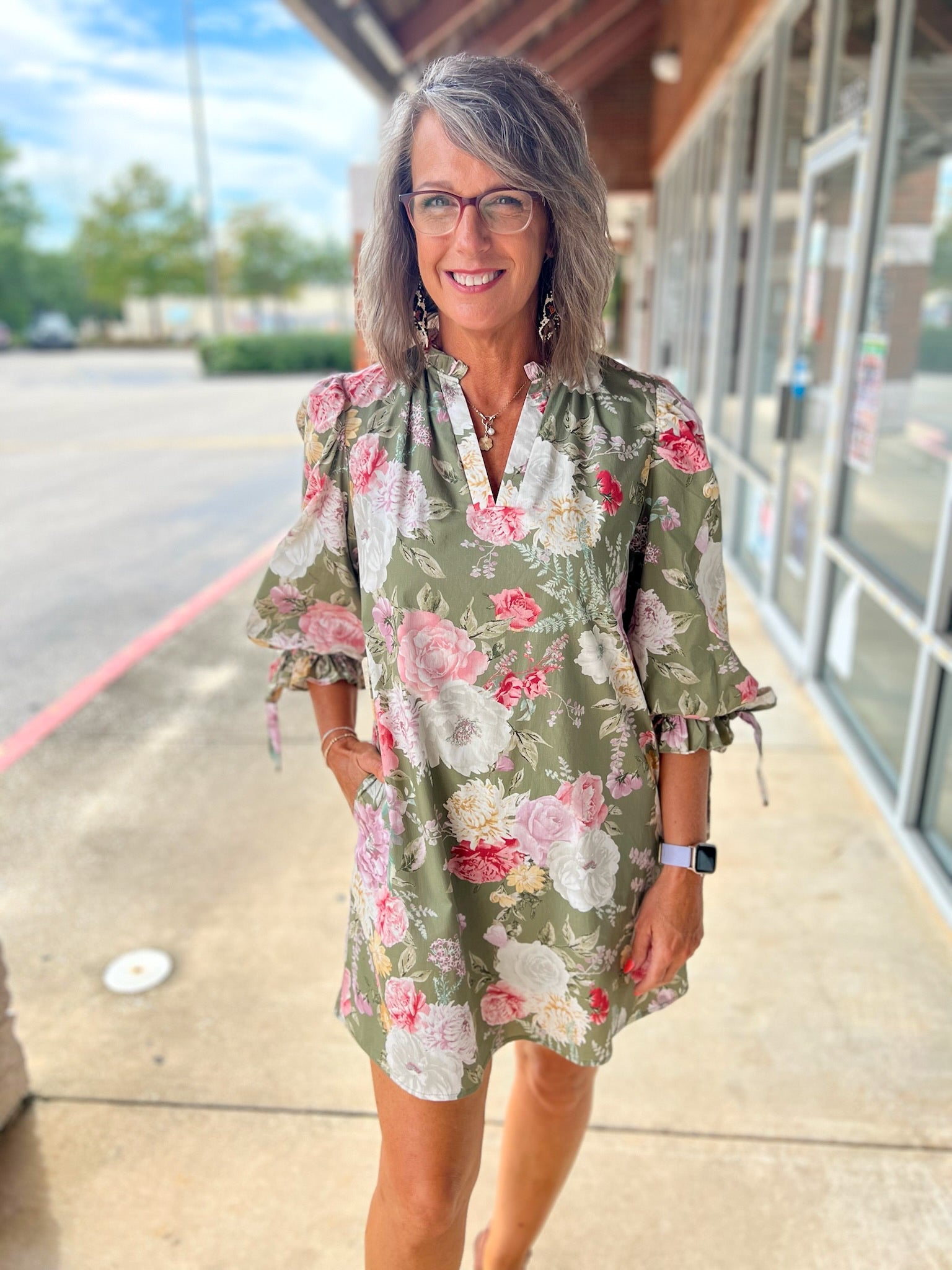 Take It Olive Green Floral Dress with Bow Detail on Sleeves - A'Bekah's Boutique