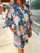 Take It Slate Blue Floral Dress with Bow Detail on Sleeves - A'Bekah's Boutique