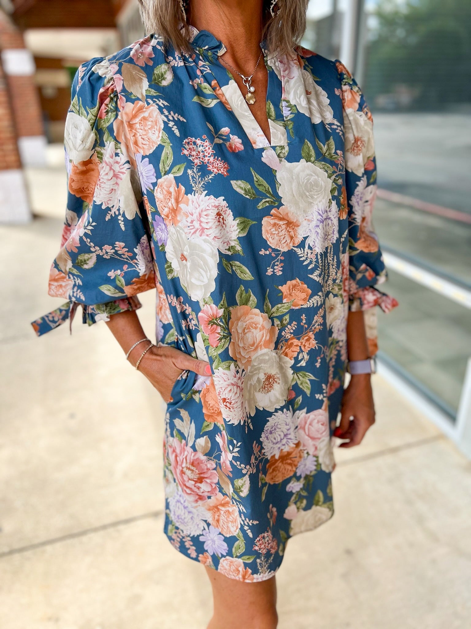 Take It Slate Blue Floral Dress with Bow Detail on Sleeves - A'Bekah's Boutique