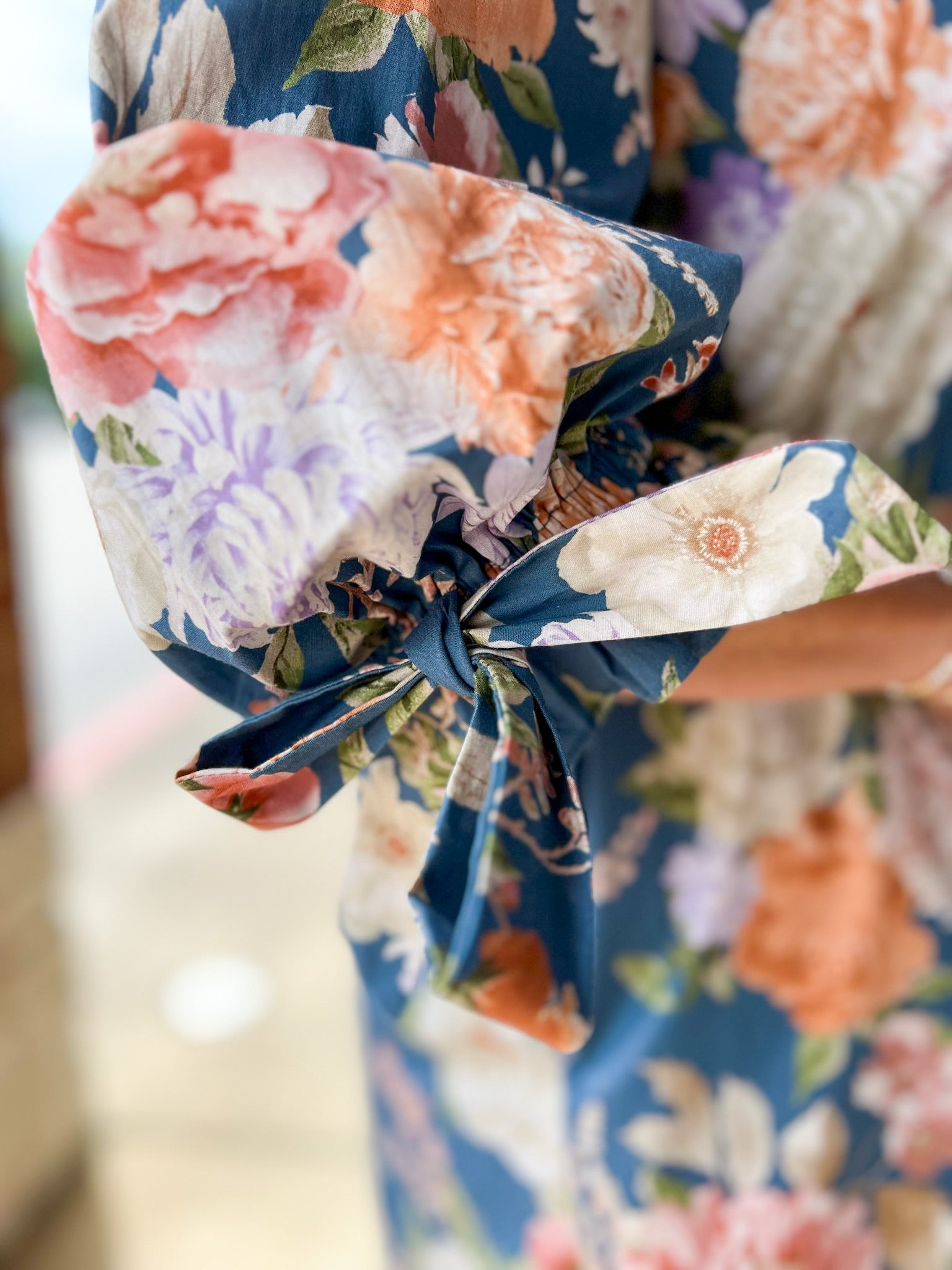 Take It Slate Blue Floral Dress with Bow Detail on Sleeves - A'Bekah's Boutique