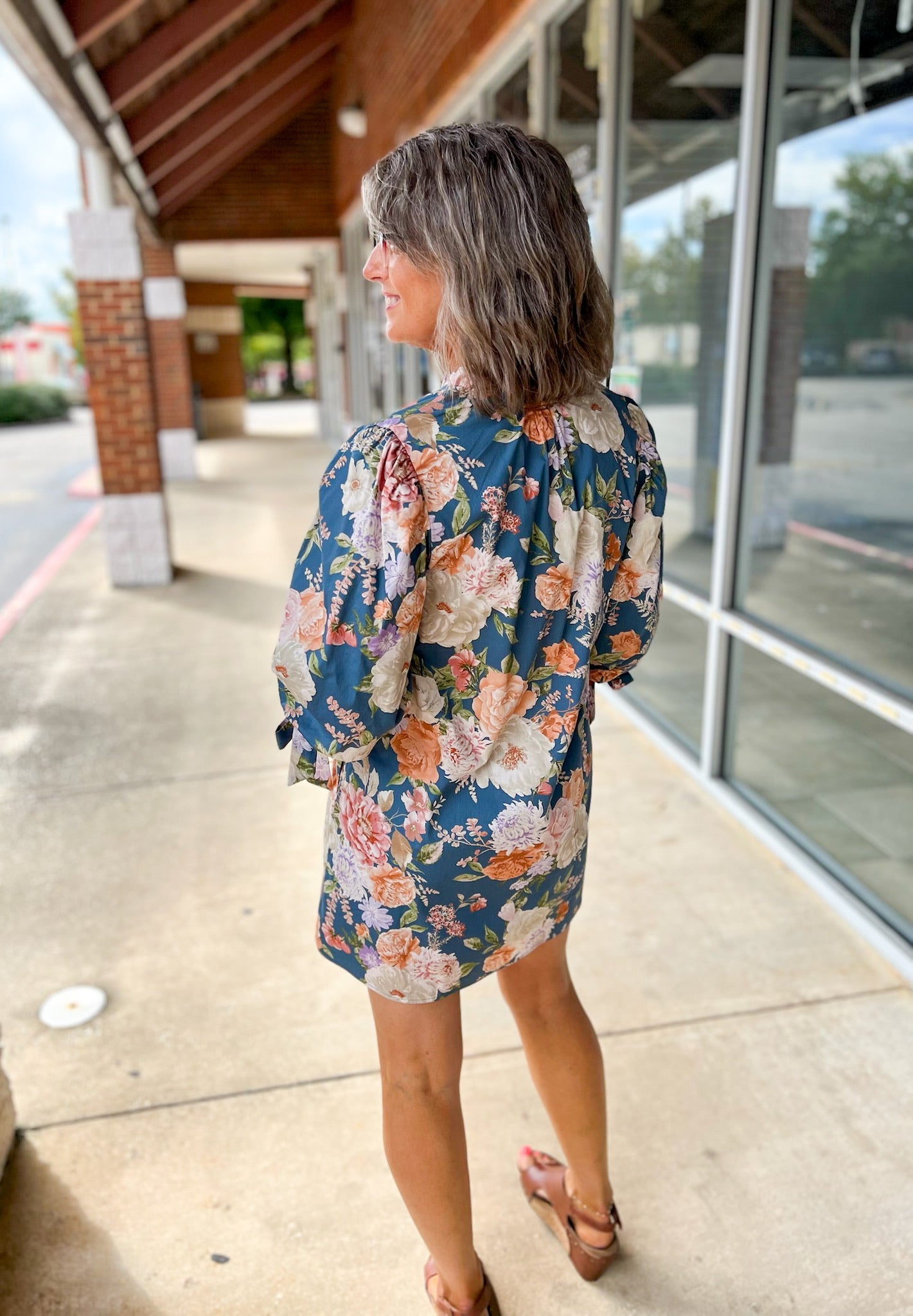 Take It Slate Blue Floral Dress with Bow Detail on Sleeves - A'Bekah's Boutique