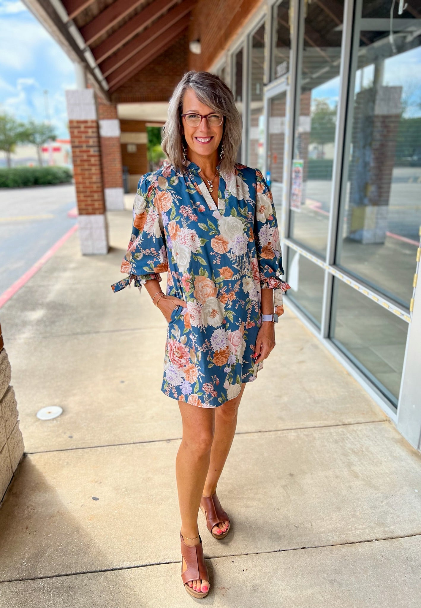 Take It Slate Blue Floral Dress with Bow Detail on Sleeves - A'Bekah's Boutique