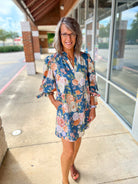 Take It Slate Blue Floral Dress with Bow Detail on Sleeves - A'Bekah's Boutique