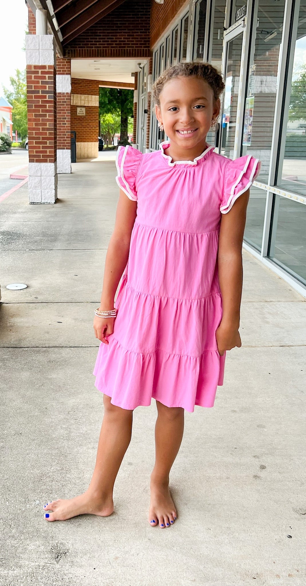 Take My Hand Girls Pink Tiered Dress with Contrast Piping - A'Bekah's Boutique