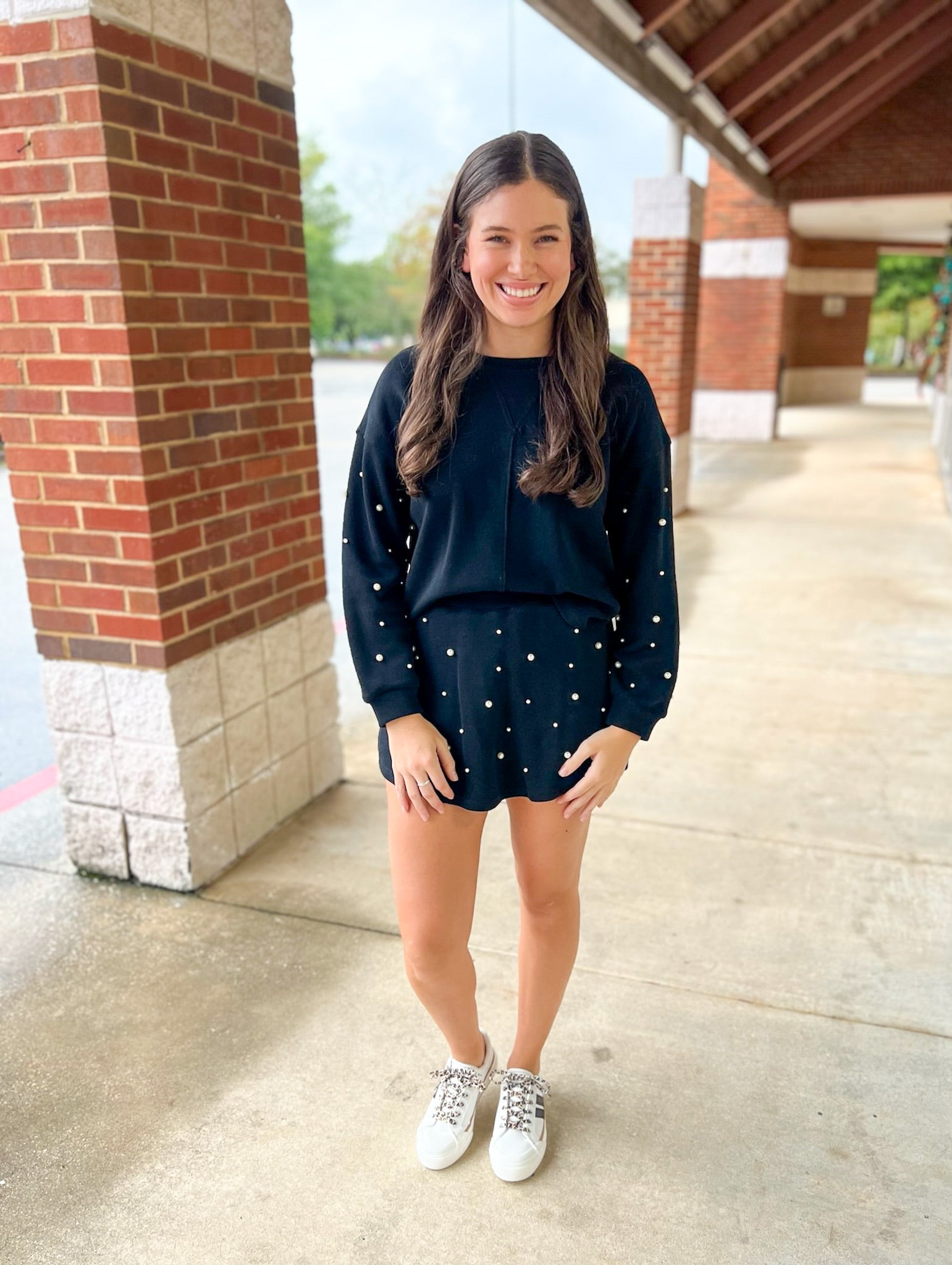 Talk To Me Black Knit Skort Set Pearl Embellishments - A'Bekah's Boutique