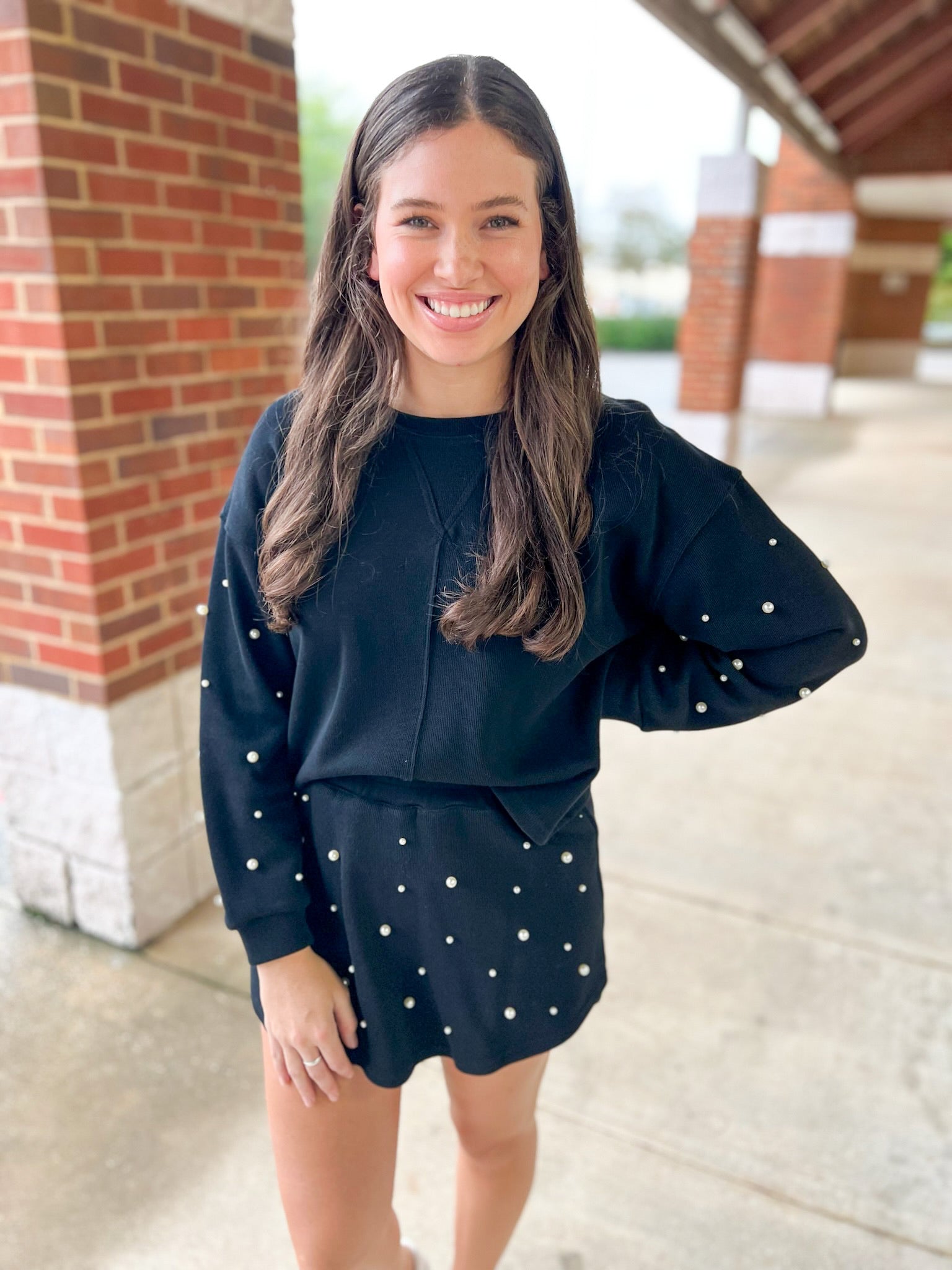 Talk To Me Black Knit Skort Set Pearl Embellishments - A'Bekah's Boutique