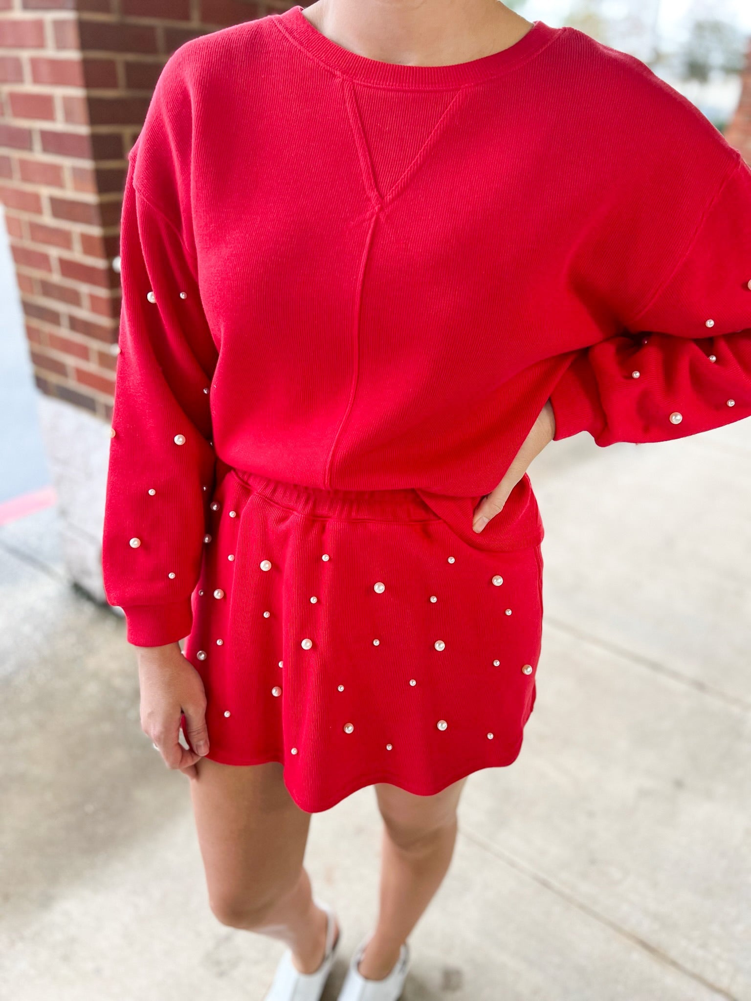 Talk To Me Red Knit Skort Set Pearl Embellishments - A'Bekah's Boutique