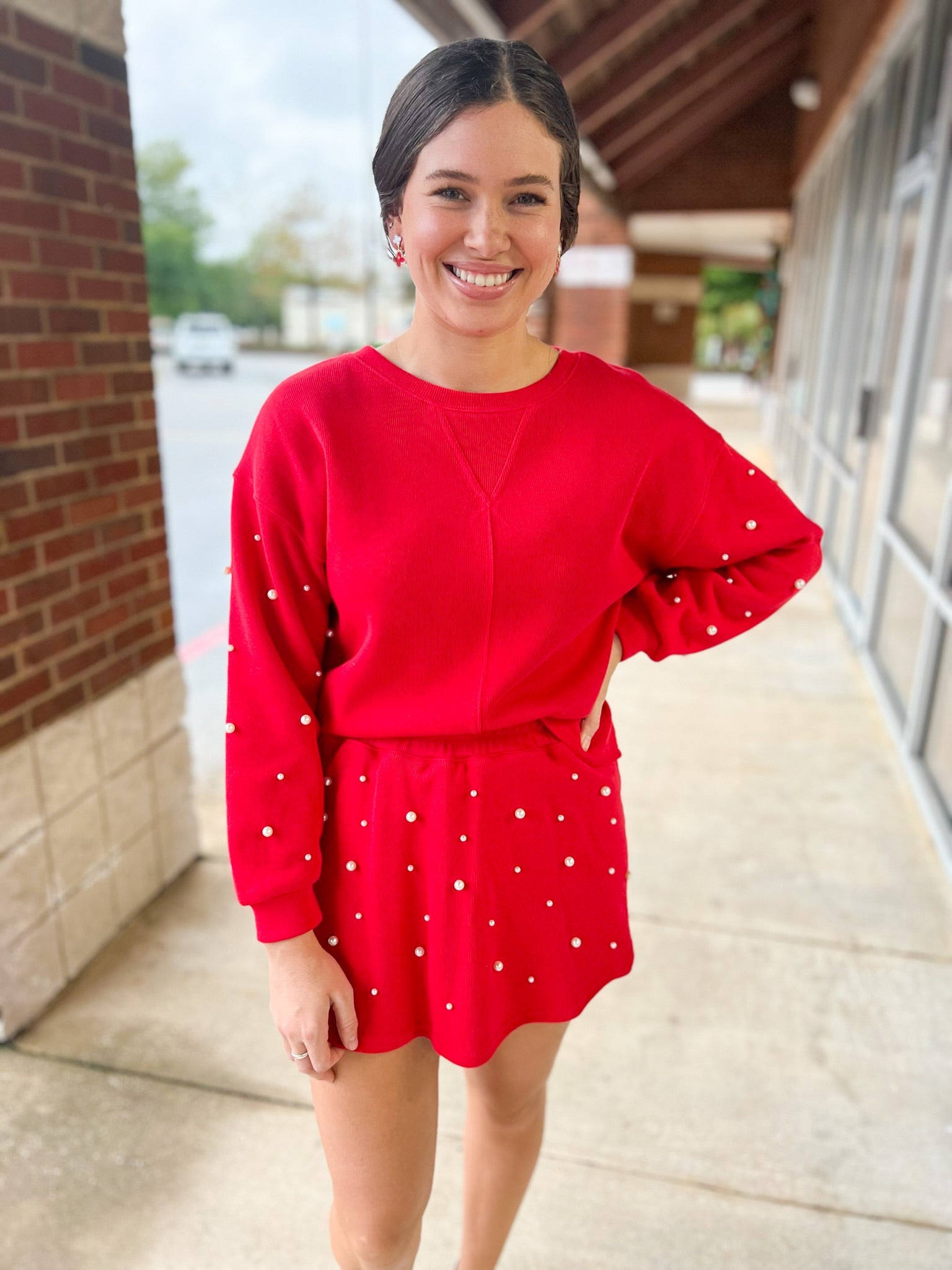 Talk To Me Red Knit Skort Set Pearl Embellishments - A'Bekah's Boutique