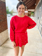 Talk To Me Red Knit Skort Set Pearl Embellishments - A'Bekah's Boutique