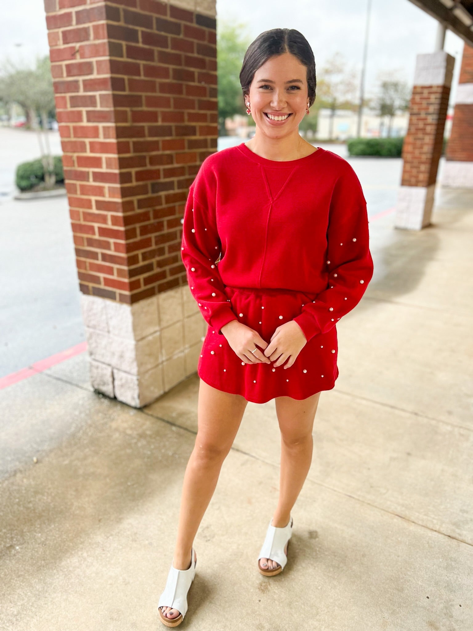Talk To Me Red Knit Skort Set Pearl Embellishments - A'Bekah's Boutique