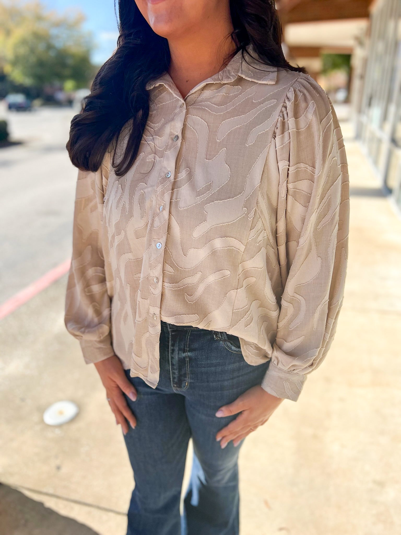 Taupe Button Up Top with Long Flowy Sleeves - A'Bekah's Boutique