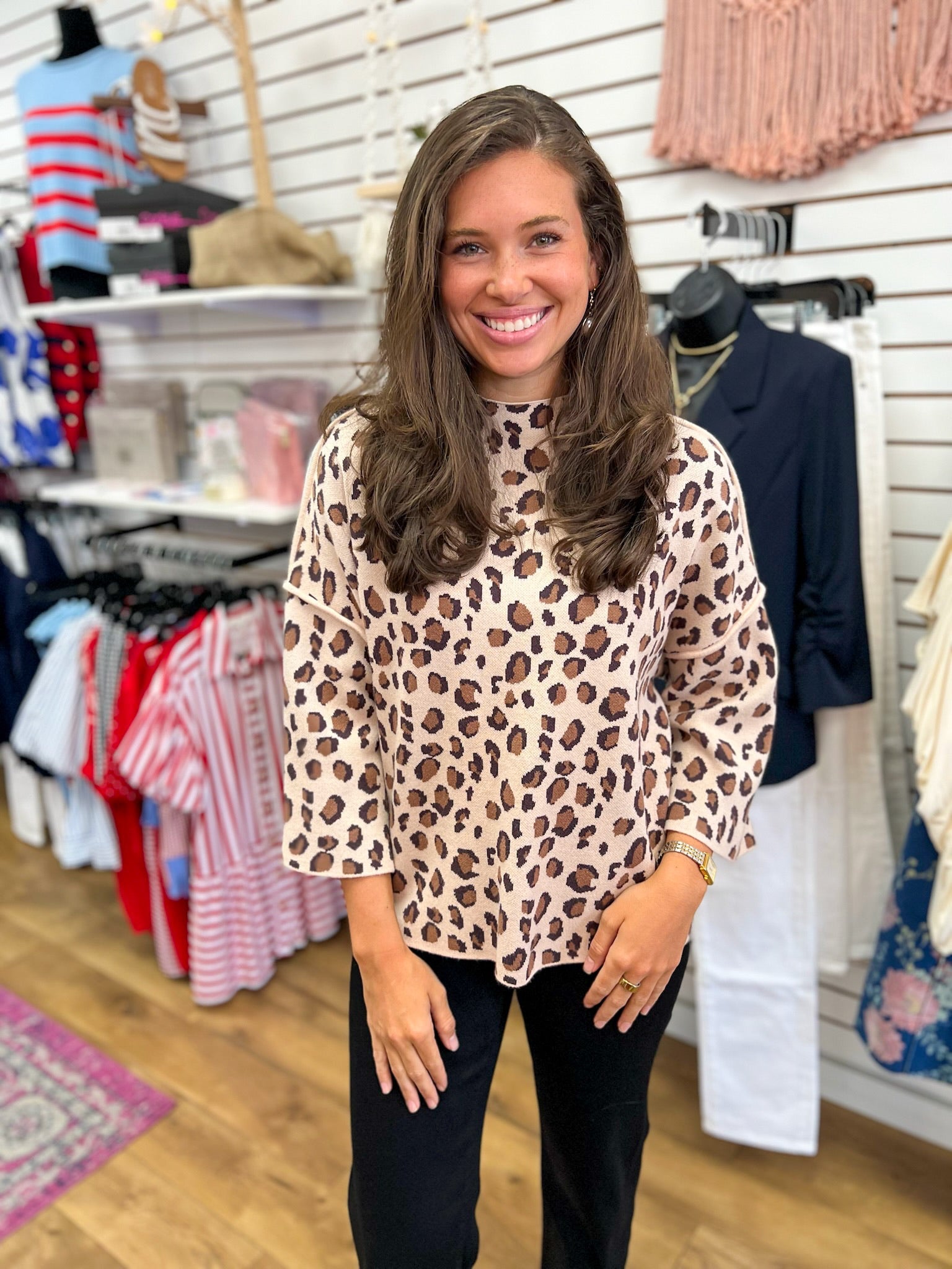 Taupe Leopard Print 3/4 Sleeve Mock Neck Sweater - A'Bekah's Boutique