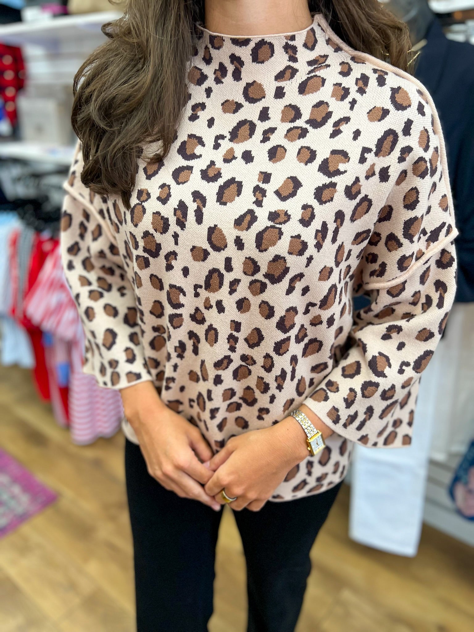 Taupe Leopard Print 3/4 Sleeve Mock Neck Sweater - A'Bekah's Boutique