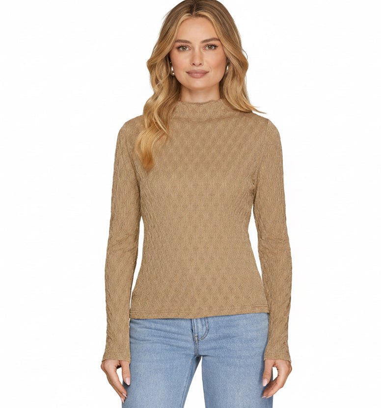 Taupe Long Sleeve Mock Neck Shine Knit Sweater - A'Bekah's Boutique