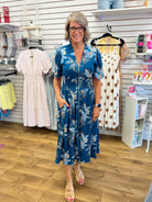 Teal Floral Midi Dress with Smocked Waist and Pockets - A'Bekah's Boutique