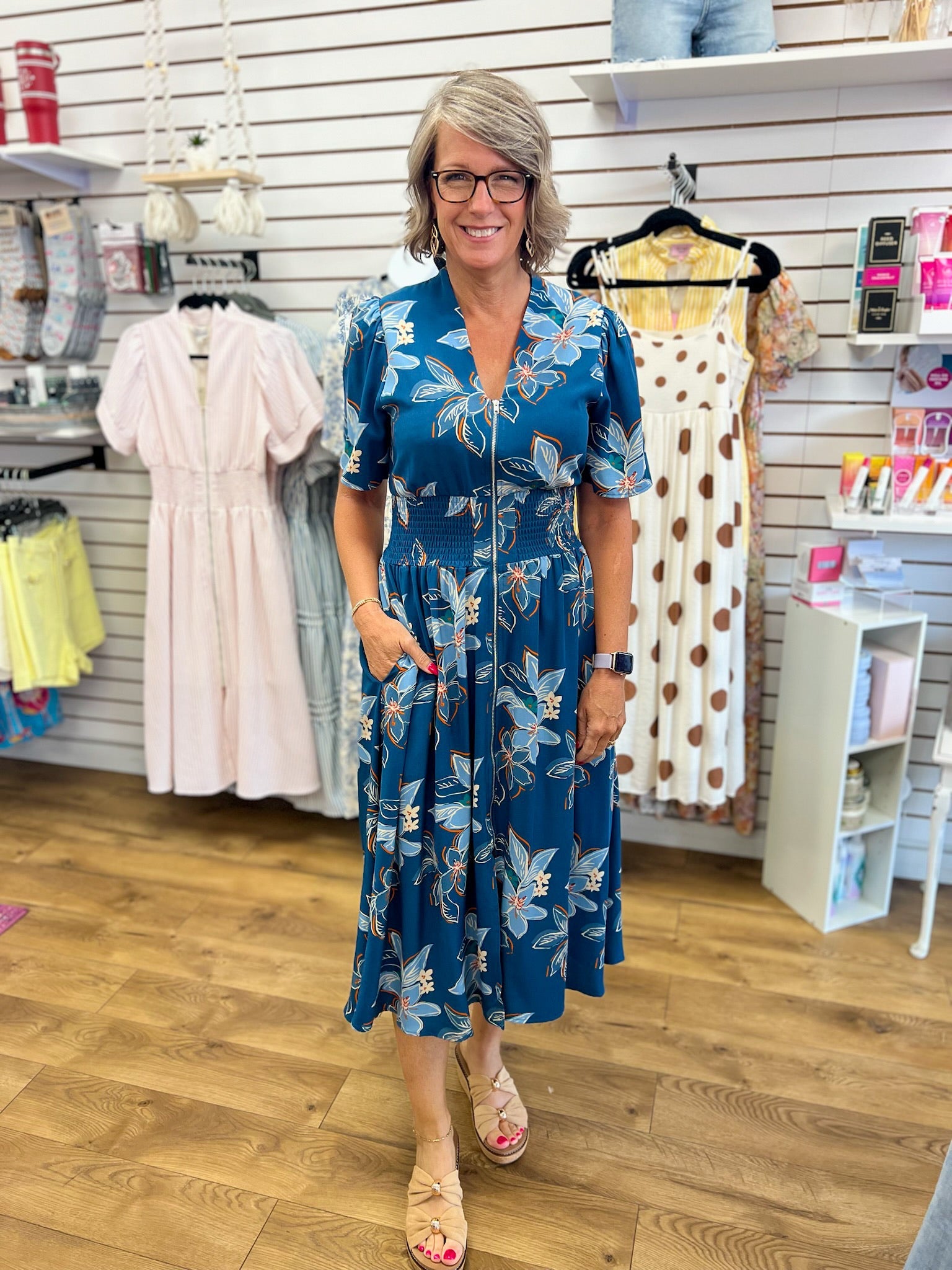 Teal Floral Midi Dress with Smocked Waist and Pockets - A'Bekah's Boutique