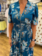 Teal Floral Midi Dress with Smocked Waist and Pockets - A'Bekah's Boutique