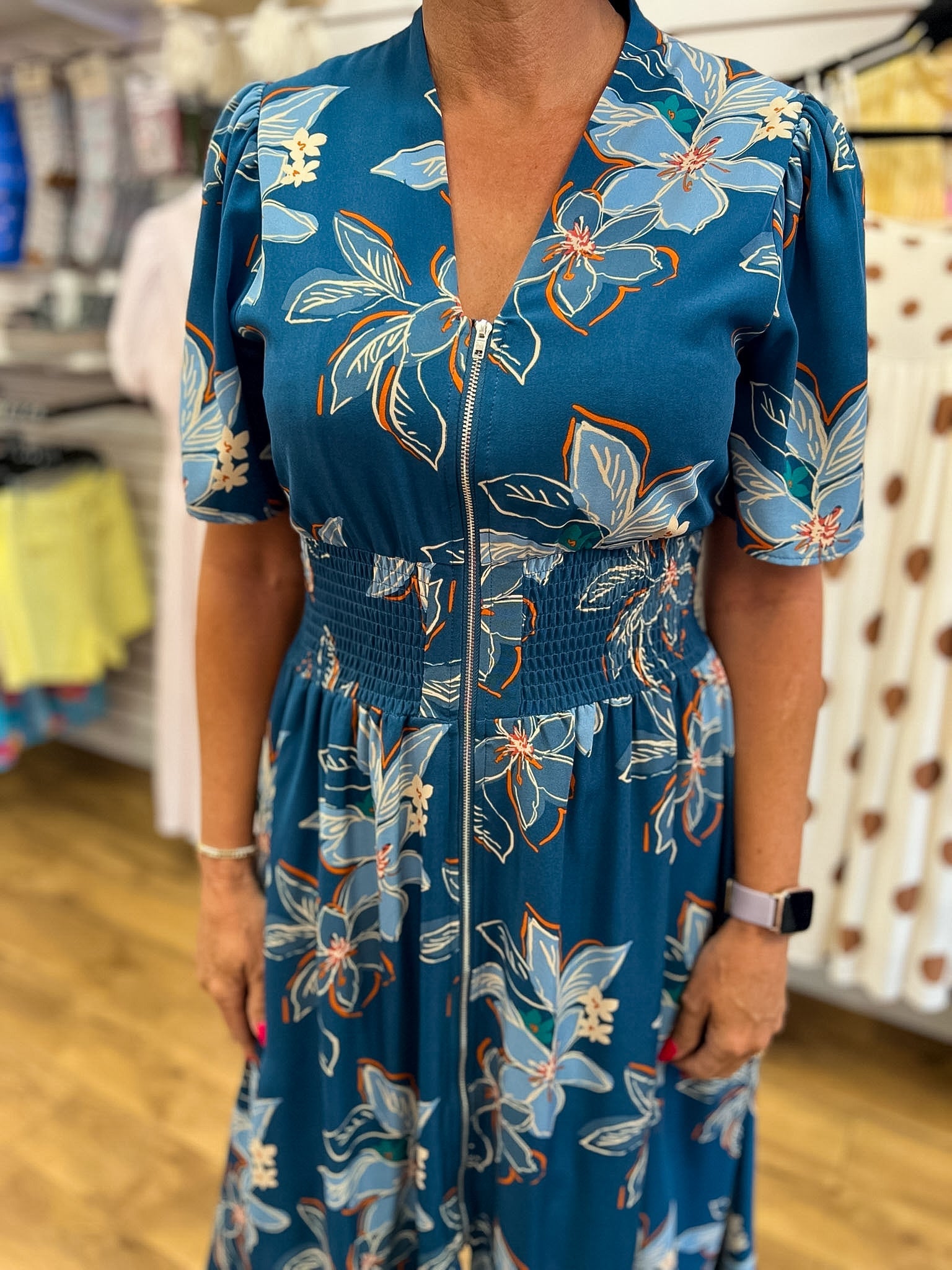 Teal Floral Midi Dress with Smocked Waist and Pockets - A'Bekah's Boutique